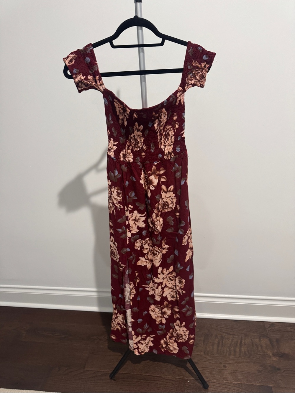 Reverse Burgundy Floral Off-Shoulder Maxi Dress